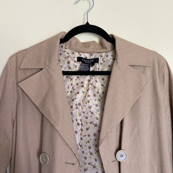 Sandro Tan Trench Coat Jacket Belted Double Breasted Striped Short - Picture 12 of 15